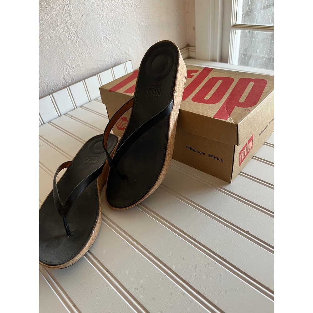 FitFlop Linny Toe-Thong Black Leather Cork Wedge Sandals K46-001-060 Womens 8